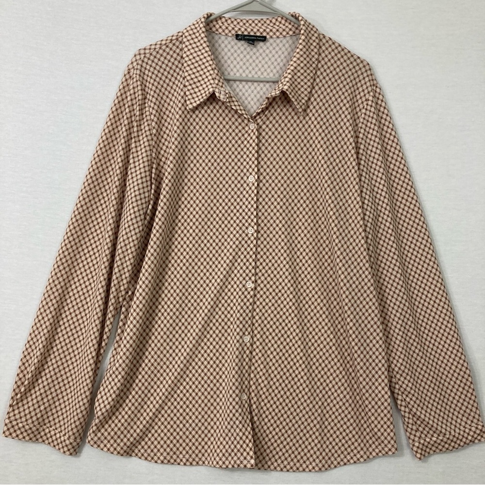 Adrianna Papell‎ Brown Tan Plaid Stretch Long Sleeve Button Down XL